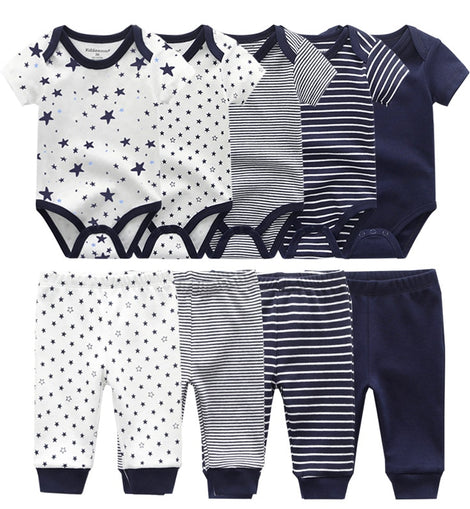 10PCS Newborn Solid Bodysuits+Pants Cotton Clothes Short Sleeve