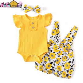 Baby Girl Summer Clothes Set Fashion Newborn Infant Knitting Cotton Ruffles Romper Shorts Bow Headband 3Pcs For Toddler Outfits