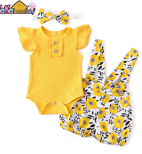 Baby Girl Summer Clothes Set Fashion Newborn Infant Knitting Cotton Ruffles Romper Shorts Bow Headband 3Pcs For Toddler Outfits