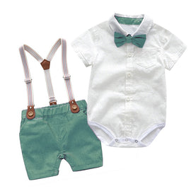 Baby Boy Clothes Summer Gentleman Birthday Suits Newborn Party Dress Soft Cotton Solid Romper + Belt Pants Infant Toddler Set