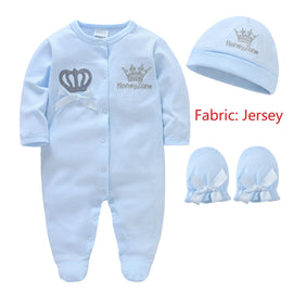 Newborn Baby Boys Romper Royal Crown Prince 100% Cotton Clothing Set with Cap Gloves