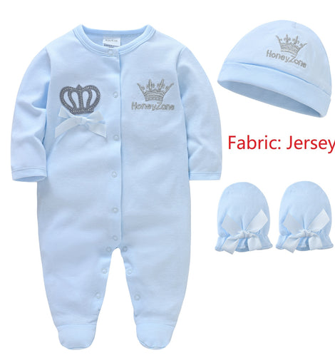 Newborn Baby Boys Romper Royal Crown Prince 100% Cotton Clothing Set with Cap Gloves