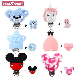 2pcs Baby Silicone Teether Beads Pacifier Clips Cartoon Animals