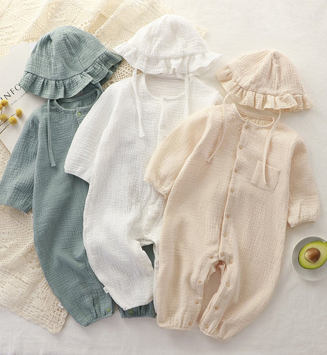 Baby Jumpsuit Hat Long Sleeve Cotton Toddler Romper for Boys Girls Solid Color Spring Autumn Baby Clothes Newborn Onesie