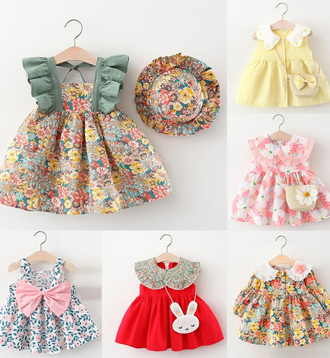 Summer Clothes Baby Girl Beach Dresses Casual Fashion Print Cute Bow Flower Princess Dress Newborn Clothing Set