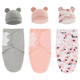 2PCS Cotton Newborn Sleepsack Baby Swaddle Blanket Wrap Hat Set Infant Adjustable New Born Sleeping Bag Muslin Blankets